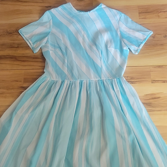 Vintage 50s 60s Blue White Striped Day Dress M - Picture 4 of 13